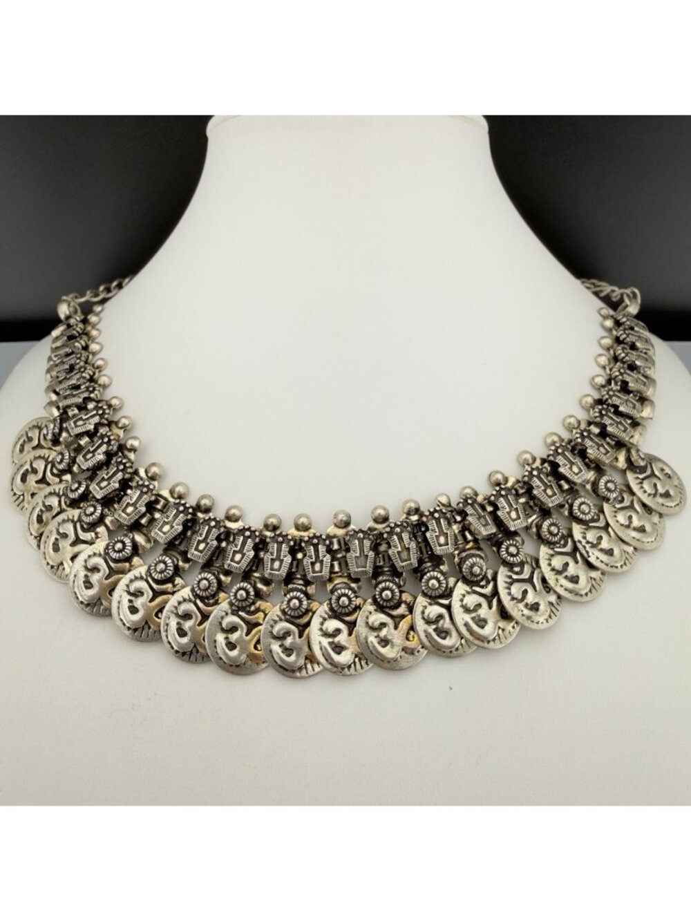 Vintage Tribal Inspired Oxidized Silver Tone Statement Collar Necklace Geometric